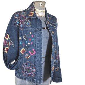 Embroidered Denim coat jean jacket colorful embroidery boho bohemian size MED